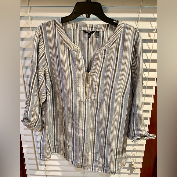 Ellen Tracy Tops - Ellen Tracy Blue Striped Linen Tunic Top w/Sleeve Tie Detail & Zip Front Size 1X
